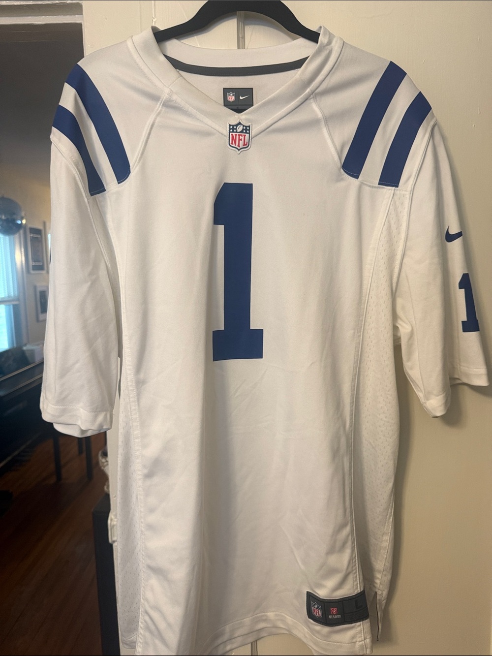 Nike White and Blue Number Colts #1 Pat McAfee Men's Football Jersey